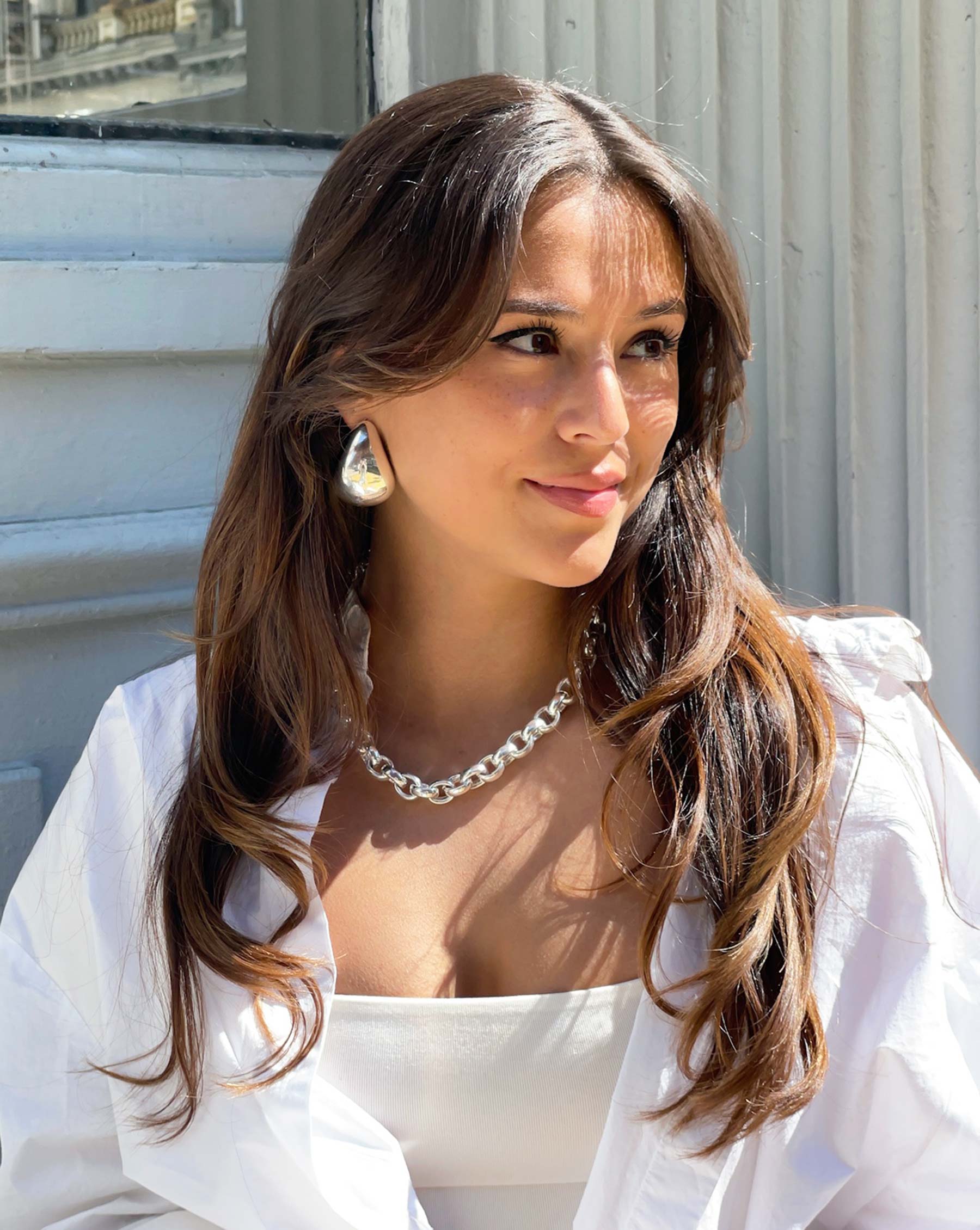 Ring Concierge Necklaces Statement Sterling - Round Link Chain Necklace - on model styled with white top