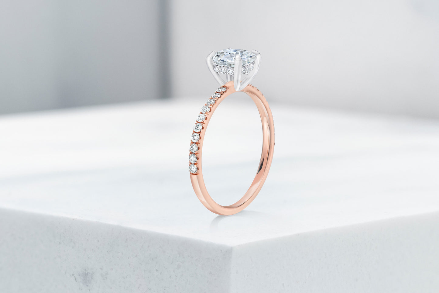 Lexington VOW by Ring Concierge antique-style cushion micropave engagement ring with hidden halo in rose gold. 33281434681432
