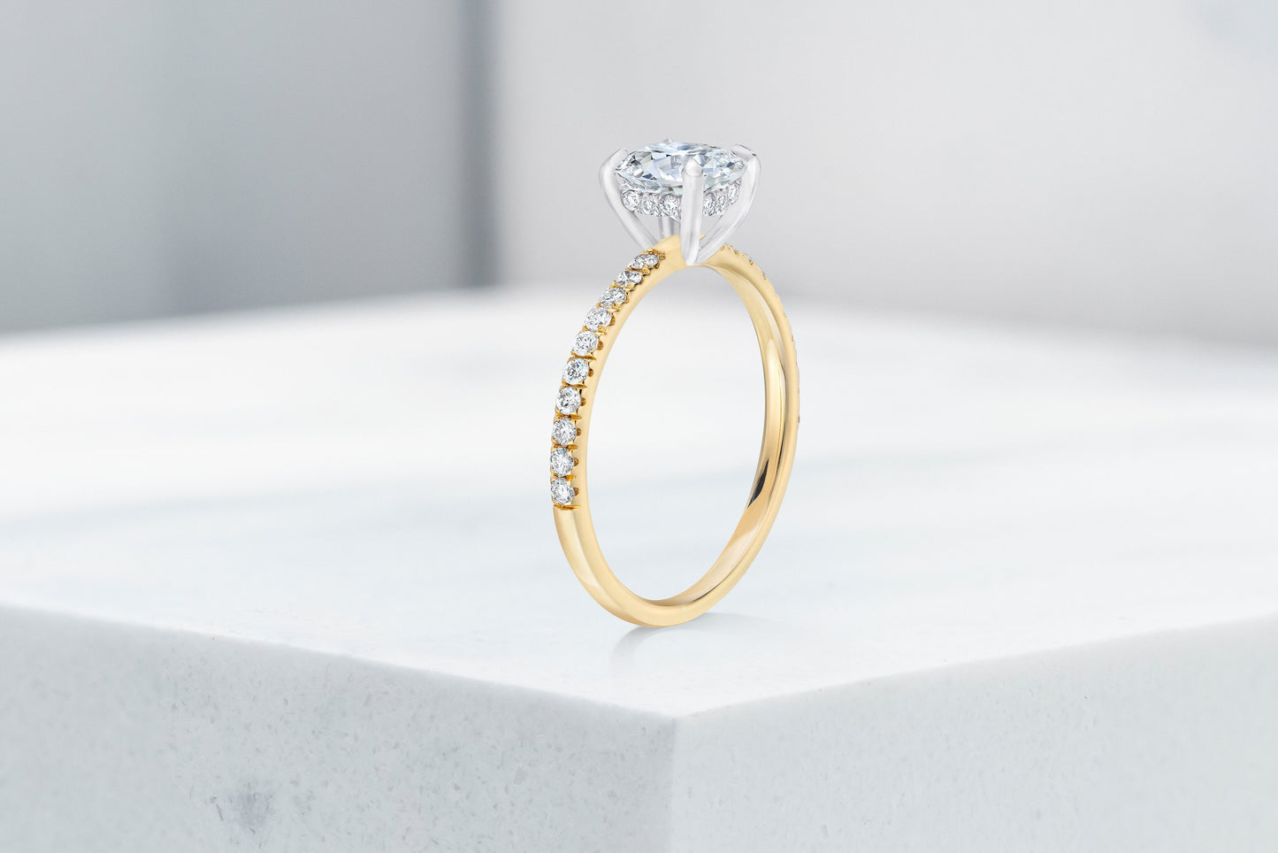 Lexington VOW by Ring Concierge antique-style cushion micropave engagement ring with hidden halo in yellow gold. 33281434615896