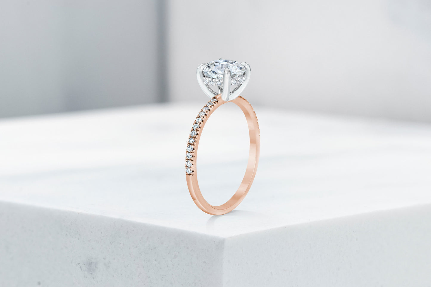 Lexington VOW by Ring Concierge antique-style round micropave engagement ring with hidden halo in rose gold. 33281434484824
