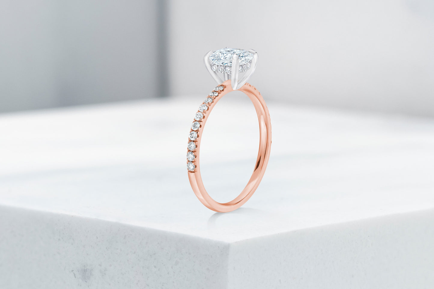 Lexington VOW by Ring Concierge cushion micropave engagement ring with hidden halo in rose gold. 33281433698392