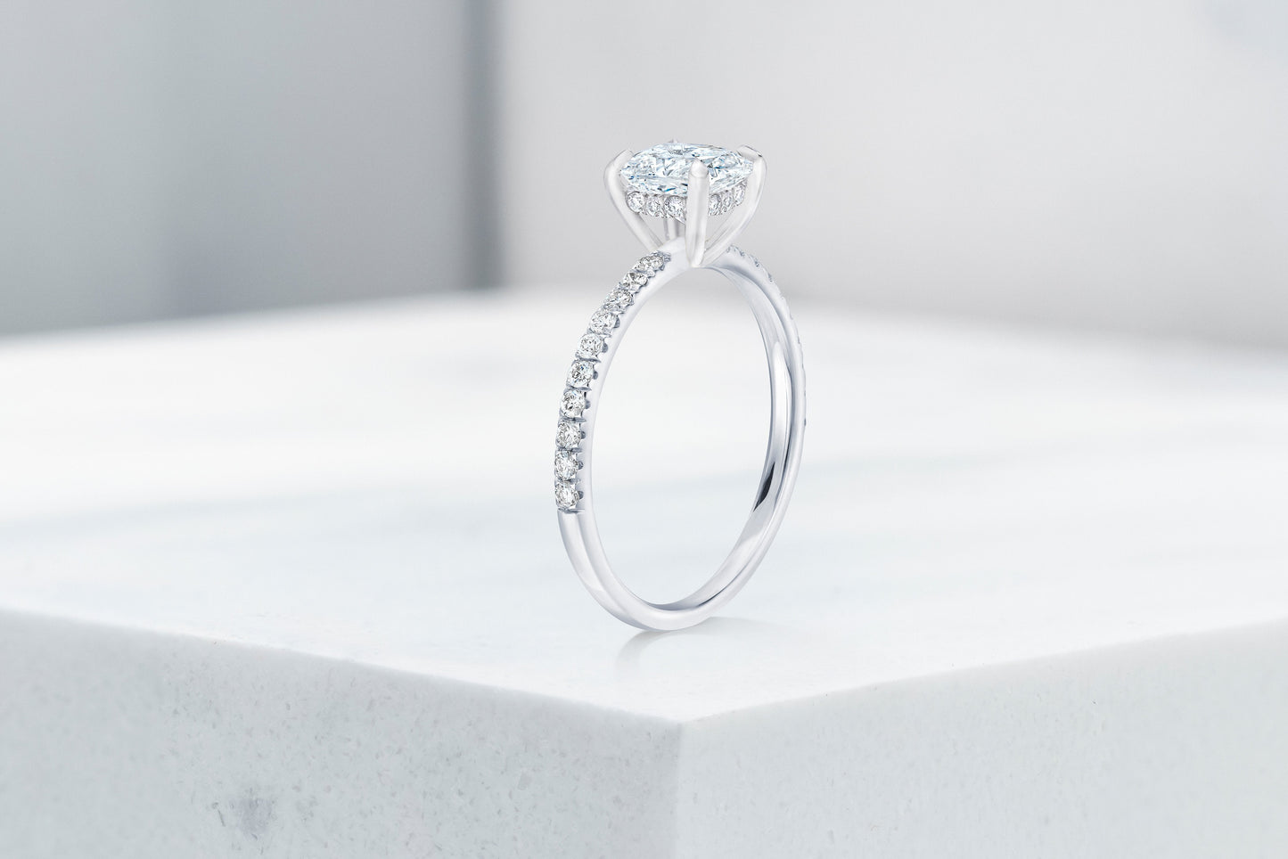 Lexington VOW by Ring Concierge cushion micropave engagement ring with hidden halo in platinum. 33281433763928