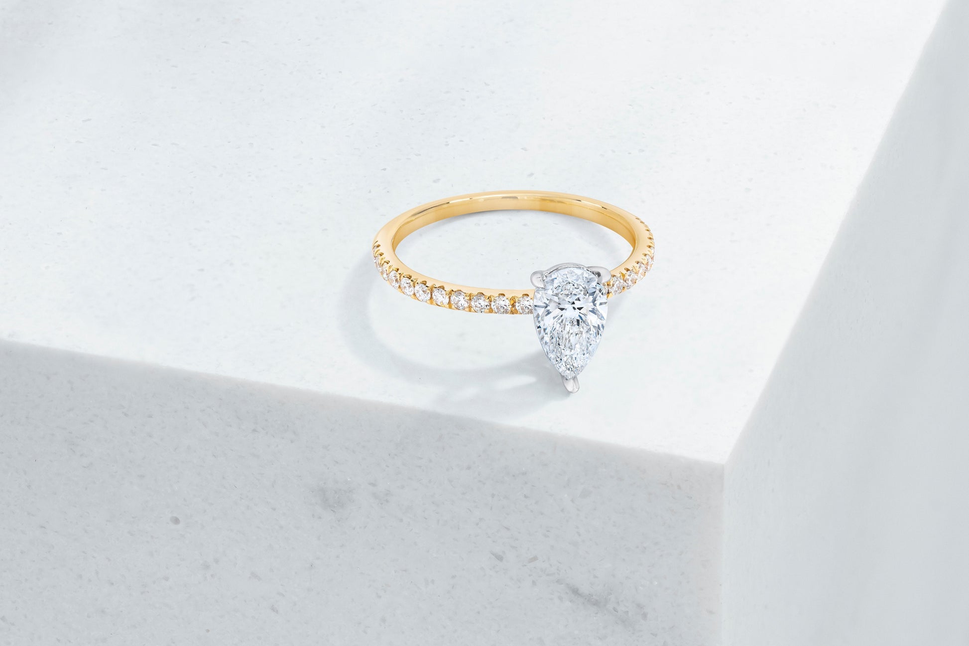 Lexington VOW by Ring Concierge pear shaped micropave engagement ring in yellow gold. 33281434189912 