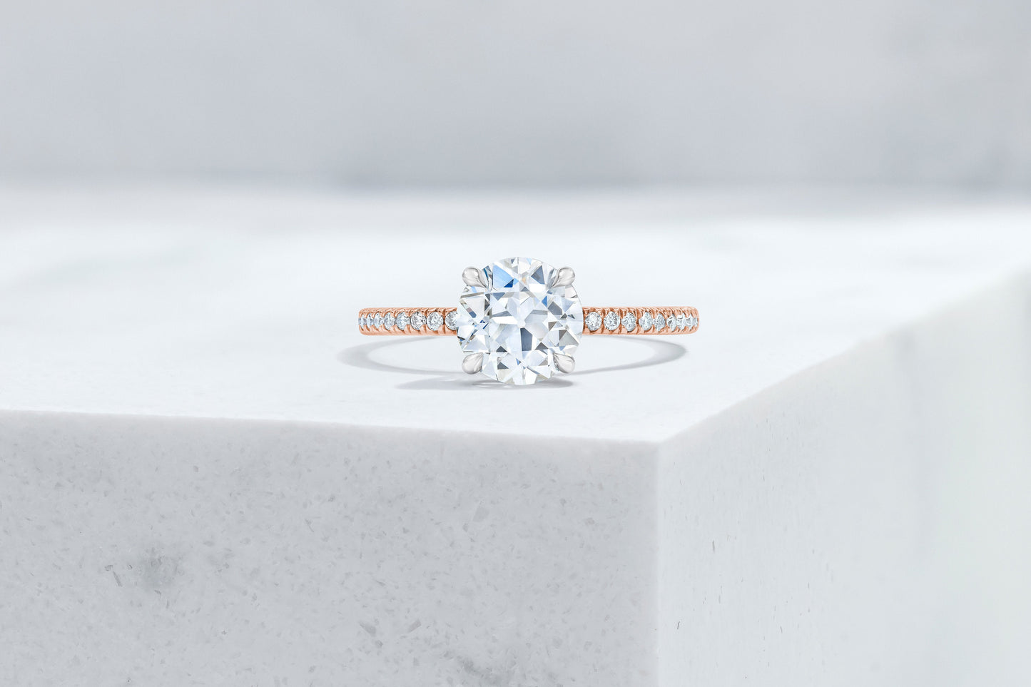 Lexington VOW by Ring Concierge antique-style round micropave engagement ring in rose gold. 33281434452056 