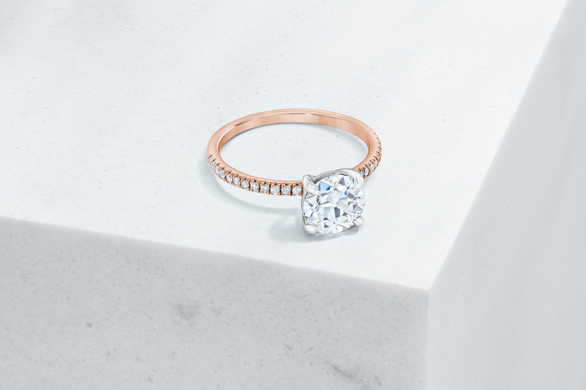 Lexington VOW by Ring Concierge antique-style round micropave engagement ring in rose gold. 33281434452056 