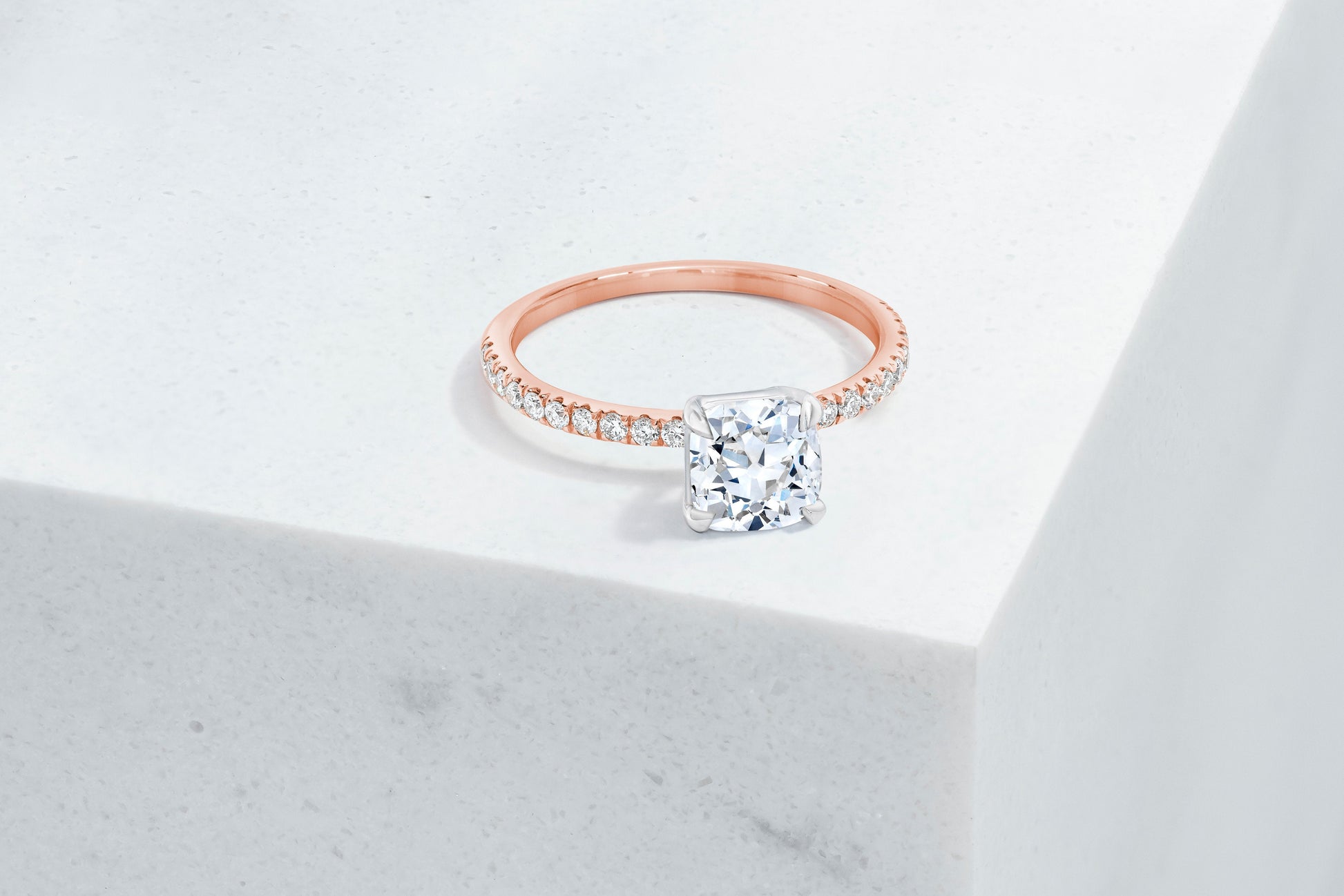 Lexington VOW by Ring Concierge antique-style cushion micropave engagement ring in rose gold. 33281434648664