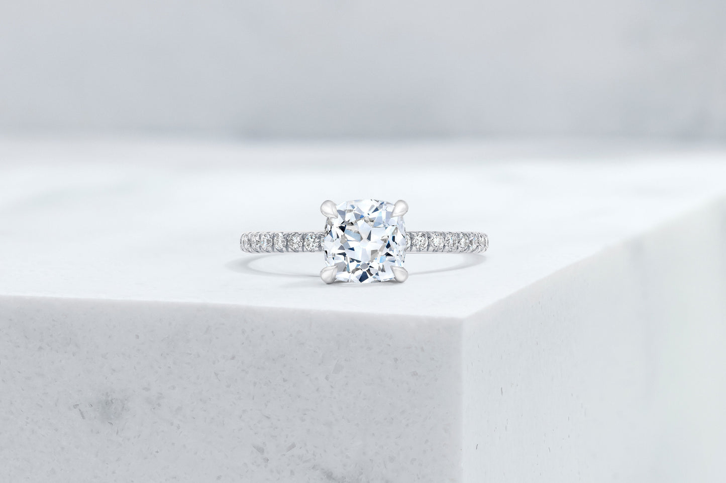 Lexington VOW by Ring Concierge antique-style cushion micropave engagement ring in platinum. 33281434714200
