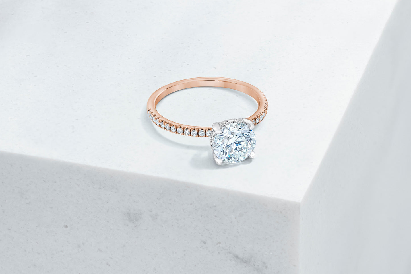 Lexington VOW by Ring Concierge round micropave engagement ring with hidden halo in rose gold. 33281433305176