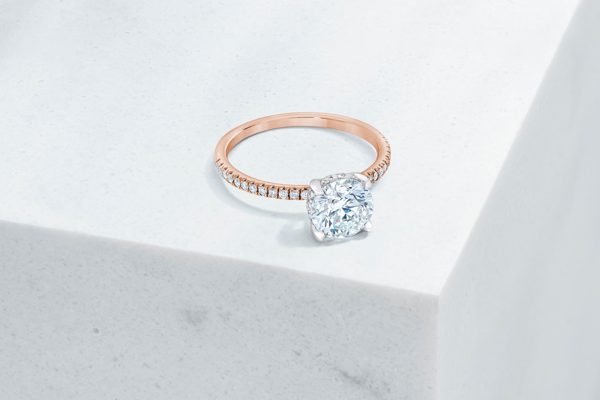 Lexington VOW by Ring Concierge round micropave engagement ring with hidden halo in rose gold. 33281433305176