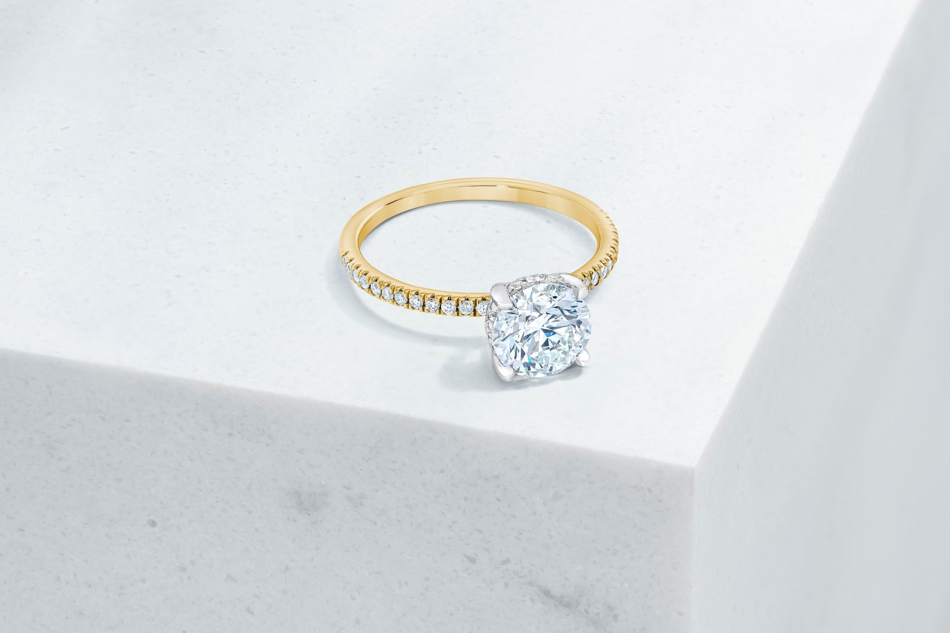 Lexington VOW by Ring Concierge round micropave engagement ring with hidden halo in yellow gold. 33281433239640