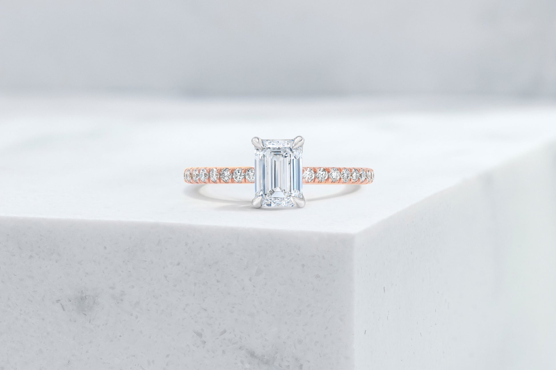 Lexington VOW by Ring Concierge emerald micropave engagement ring with hidden halo in rose gold. 33281433895000