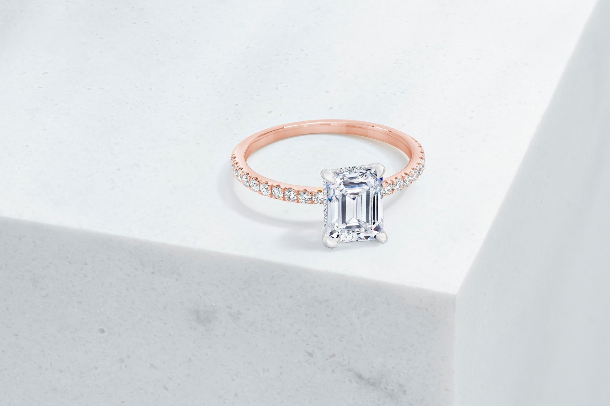 Lexington VOW by Ring Concierge emerald micropave engagement ring with hidden halo in rose gold. 33281433895000