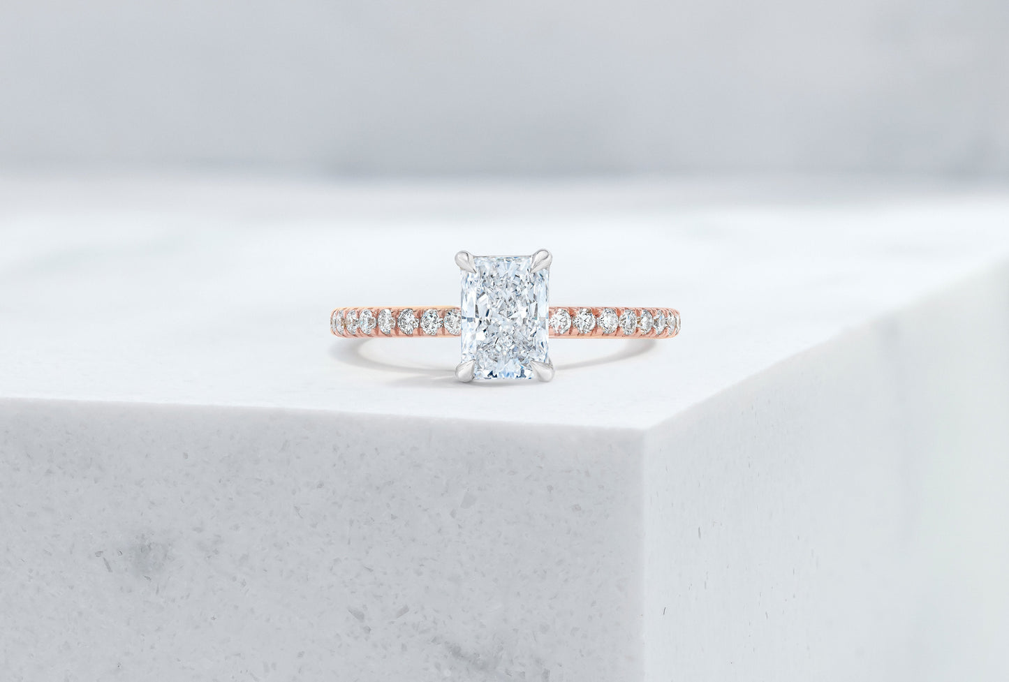 Lexington VOW by Ring Concierge radiant micropave engagement ring with hidden halo in rose gold.33281434091608