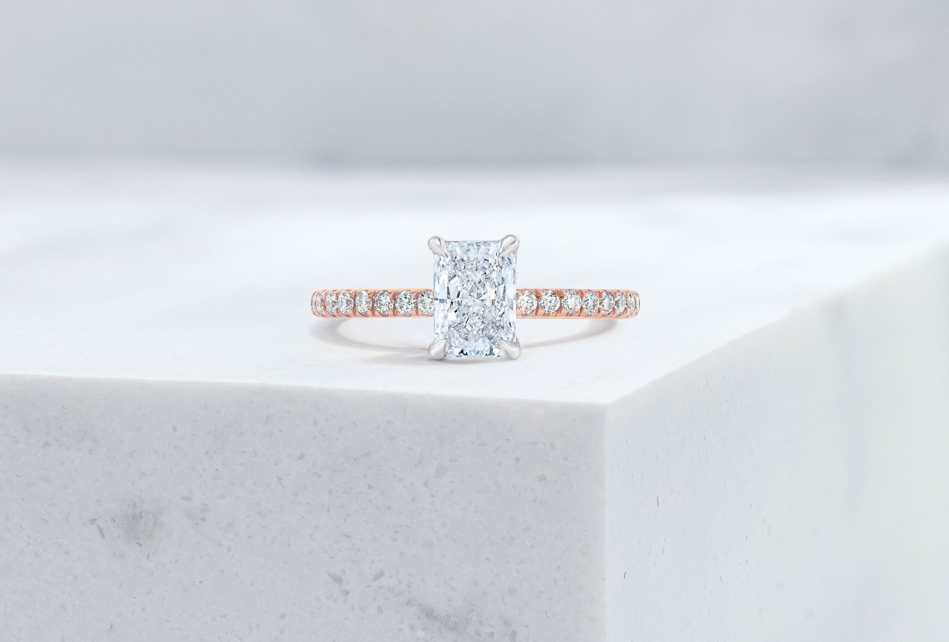 Lexington VOW by Ring Concierge radiant micropave engagement ring with hidden halo in rose gold.33281434091608