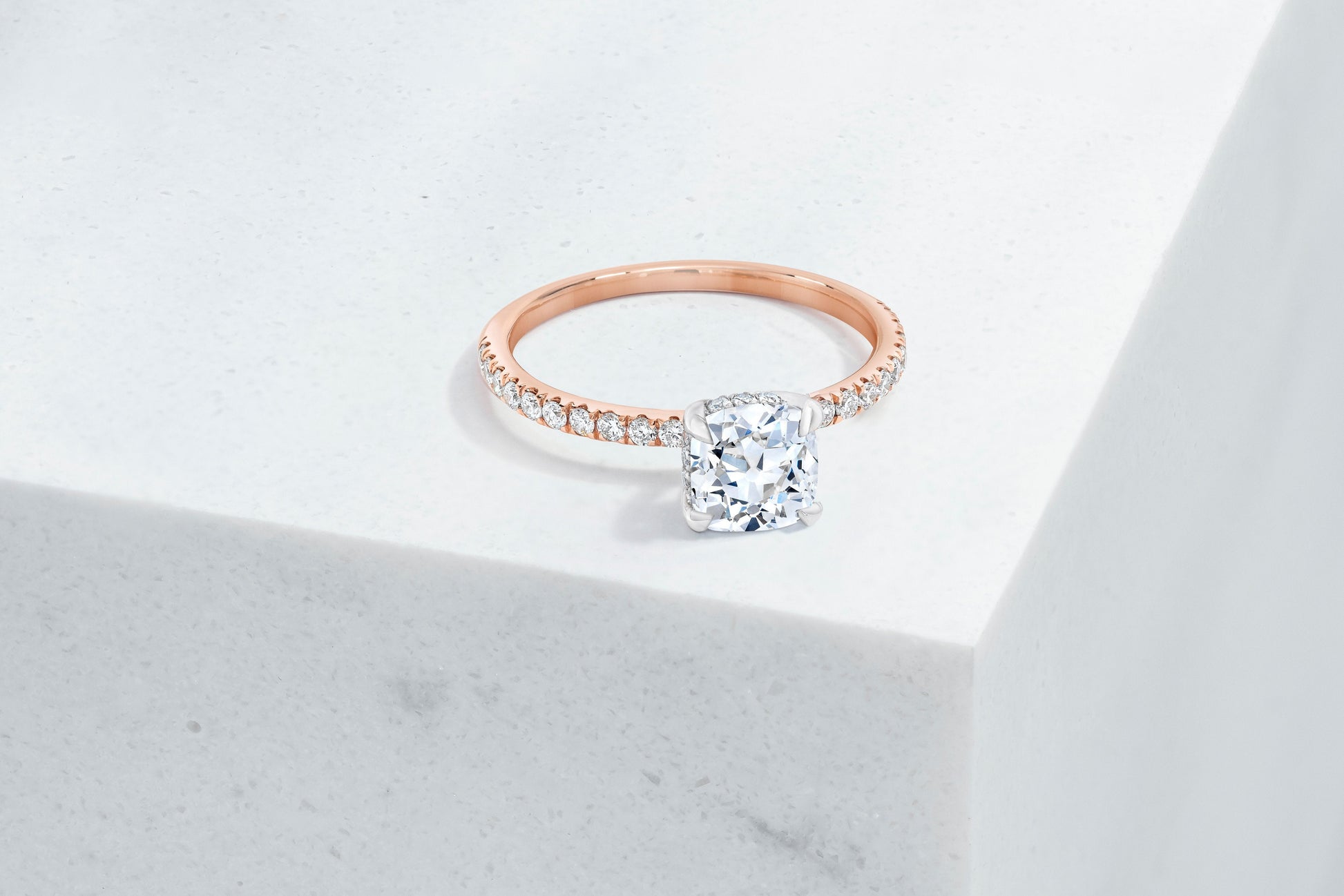 Lexington VOW by Ring Concierge antique-style cushion micropave engagement ring with hidden halo in rose gold. 33281434681432
