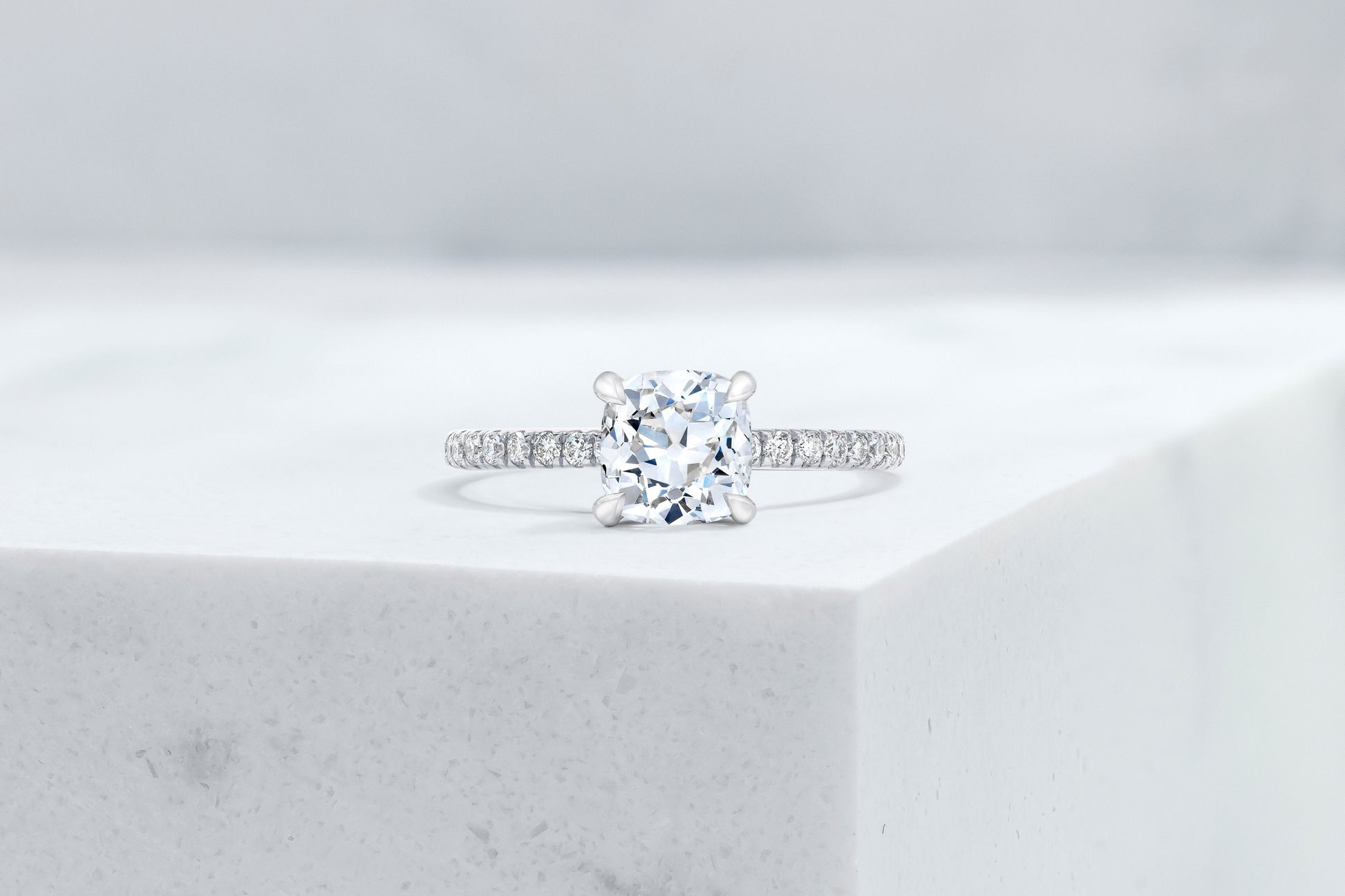 Lexington VOW by Ring Concierge antique-style cushion micropave engagement ring with hidden halo in platinum. 33281434746968