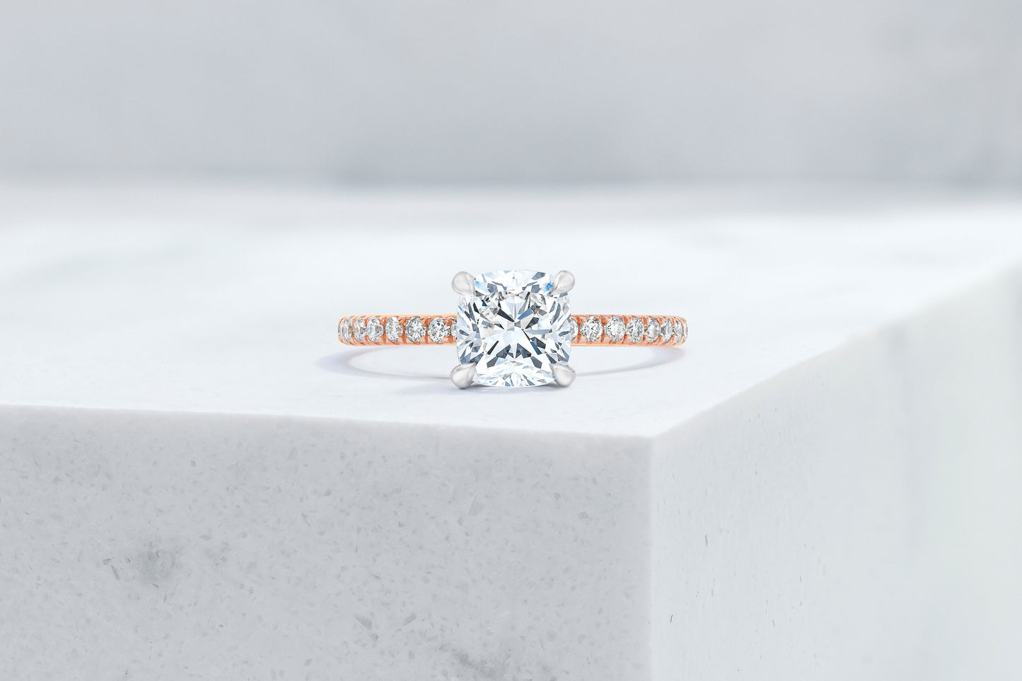 Lexington VOW by Ring Concierge cushion micropave engagement ring with hidden halo in rose gold. 33281433698392