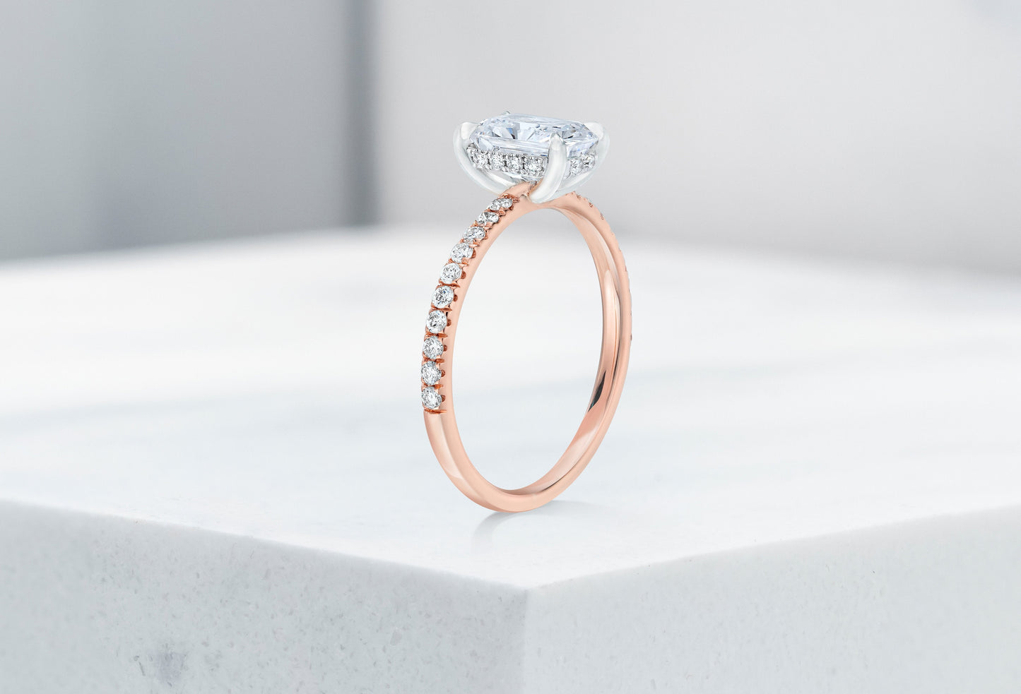 Lexington VOW by Ring Concierge radiant micropave engagement ring with hidden halo in rose gold. 33281434091608
